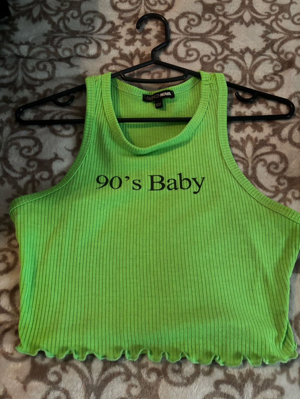 Fashion Nova Neon Green Ribbed Crop Tank with '90's Baby' Print